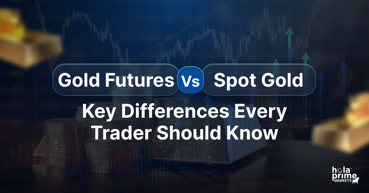 Infographic with title, gold futures vs spot gold, key differences every trader should know.