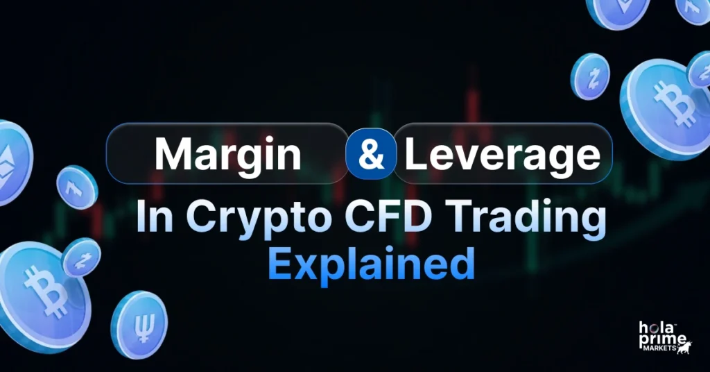 Infographic with title, Margin and Leverage in Crypto CFD Trading Explained.